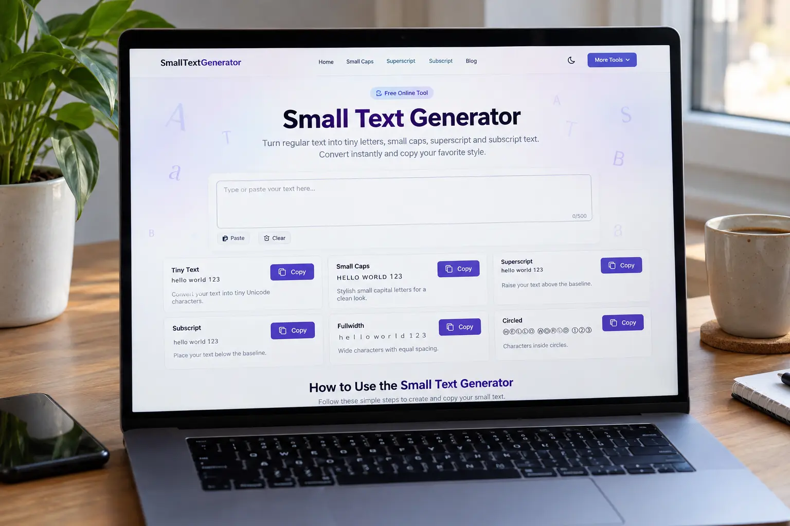 Small Text Generator turning regular text into tiny Unicode letter styles